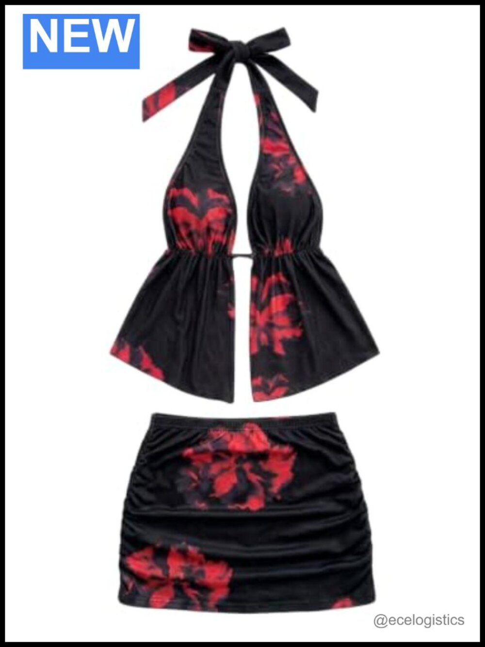 Womens 2 Piece Skirt Set Floral Print Halter Top Ruched Bodycon Mini Skirt